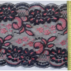 Мереживо еластичне, ширина 15 см чорно-рожеве