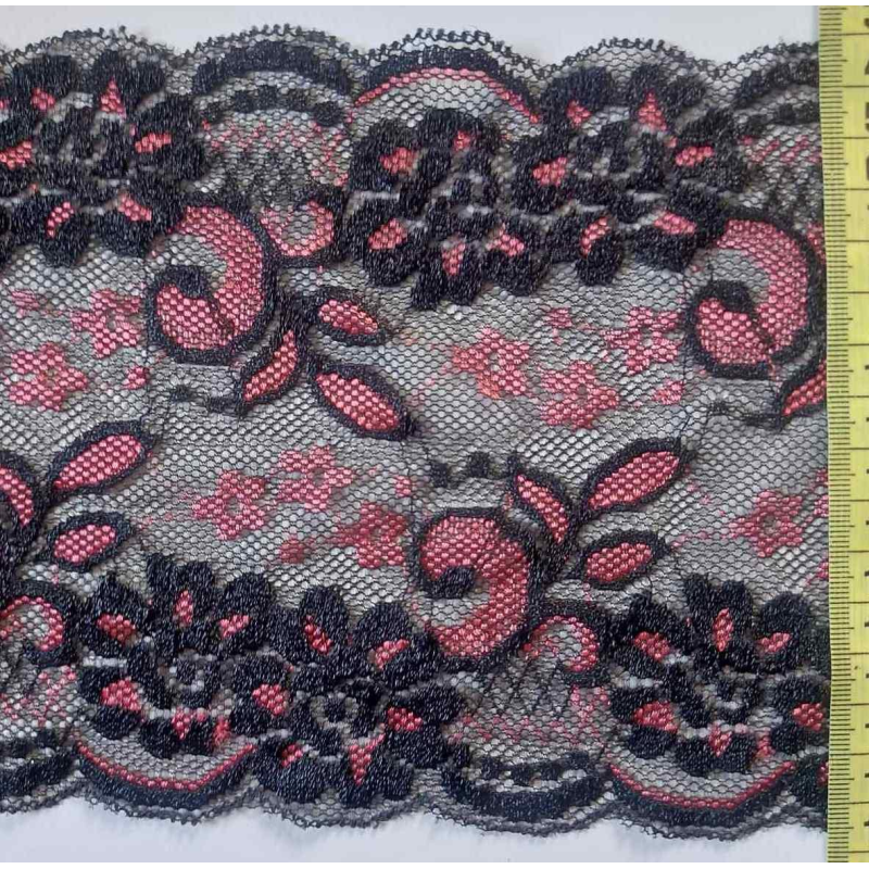 Мереживо еластичне, ширина 15 см чорно-рожеве Мереживо еластичне, ширина 15 см чорно-рожеве