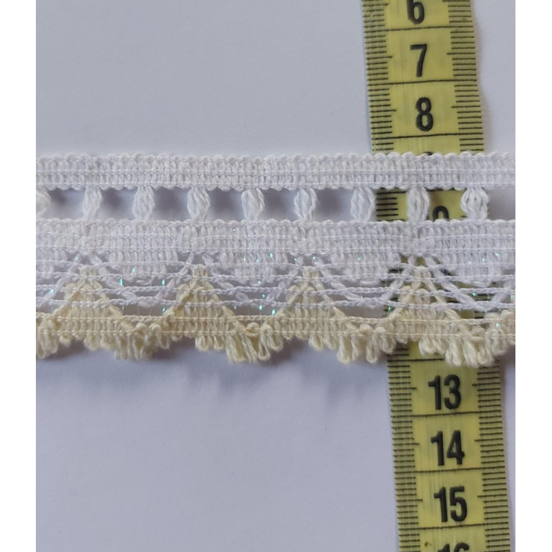 Мереживо бавовняне, ширина 3,5 см Біло-жовте з люрексом