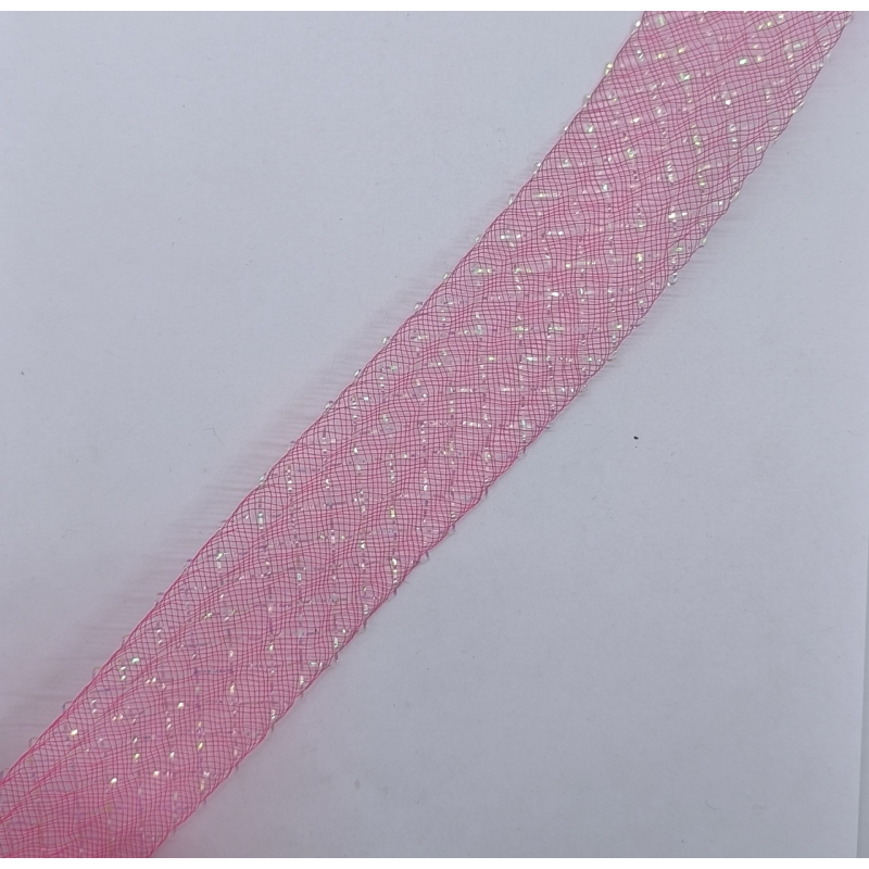 Сітка гофрована з люрексом для бантів 4 см. Рожева