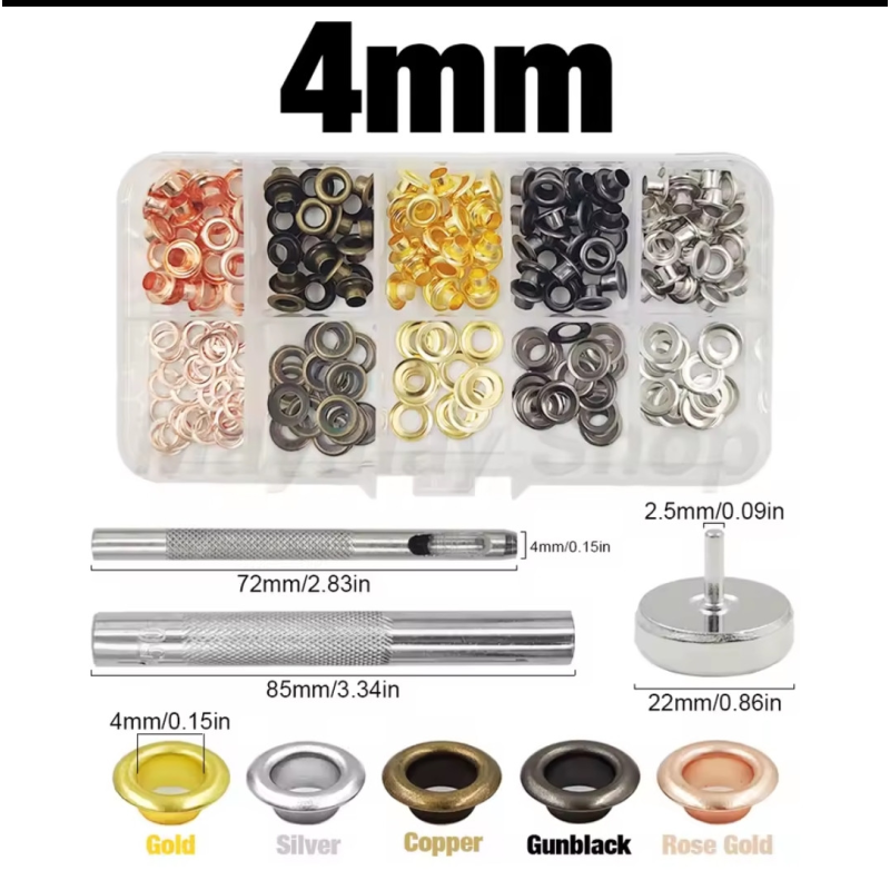 Набір для встановлення люверсів 4 мм з різнобарвними люверсами Набір для встановлення люверсів 4 мм з різнобарвними люверсами