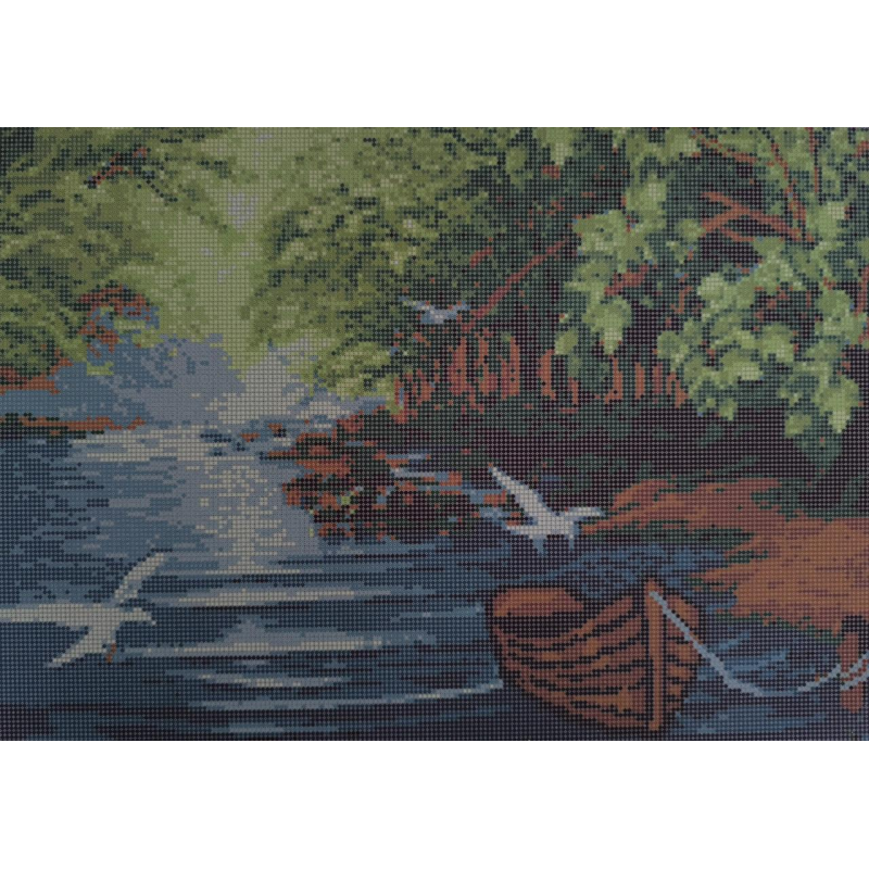 Схема для вишивання бісером. Човен у лісі