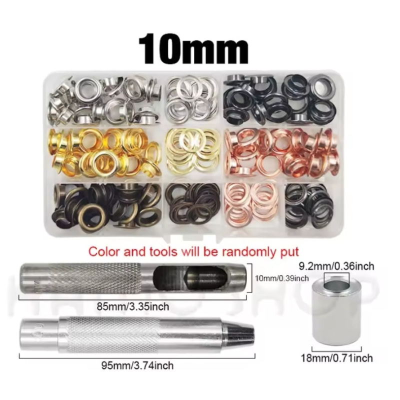 Набір для встановлення люверсів 10-15 мм з різнобарвними люверсами Набір для встановлення люверсів 10-15 мм з різнобарвними люверсами